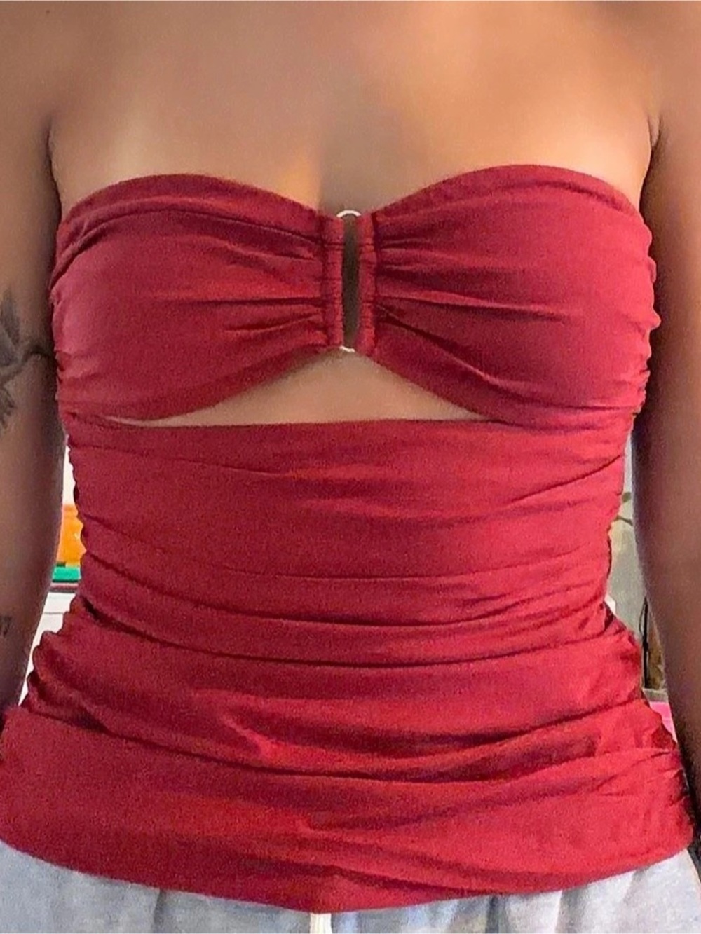 4TH + RECKLESS Ruched Bandeau Crop Top in Red Size S